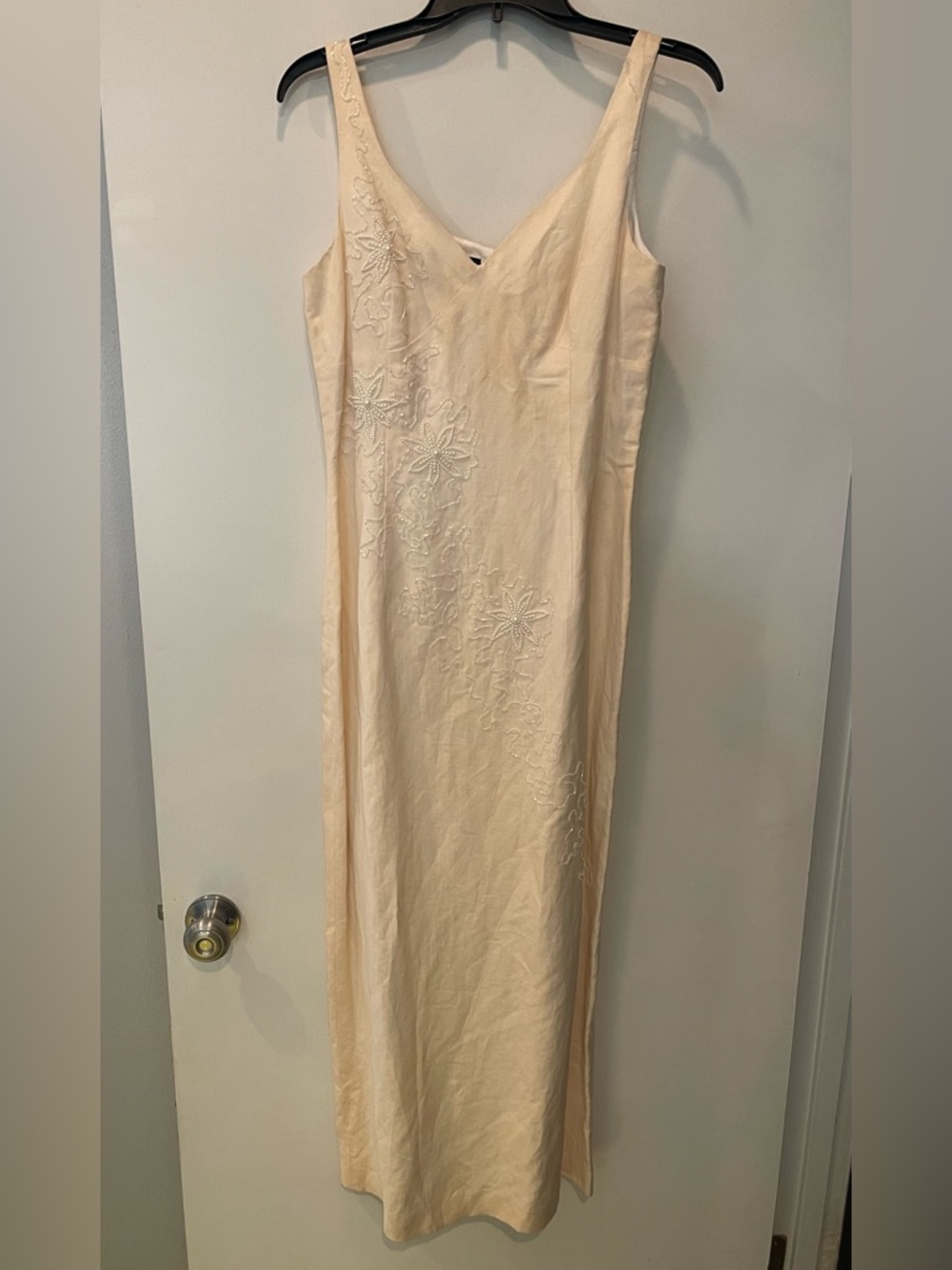 NWT Donna Morgan Size 8 Ivory Linen Embroidered Sheath Dress Beaded Floral